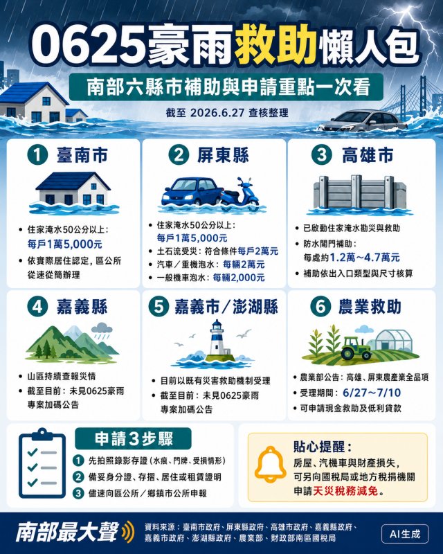 0625豪雨重創南台灣　六縣市災害救助一次看：淹水、泡水車、農損及稅務減免怎麼申請