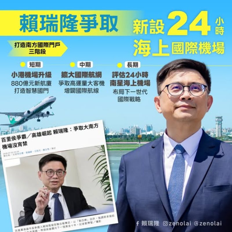賴瑞隆拋「南方國際新門戶」三階段航空戰略，小港機場升級、24小時海上機場入列