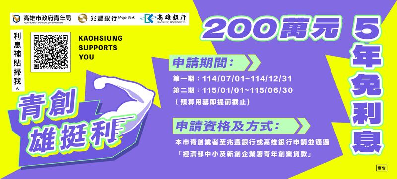 「雄挺利」最挺你！ 青創貸款利息補貼7/1開跑　助力青年減輕負擔
