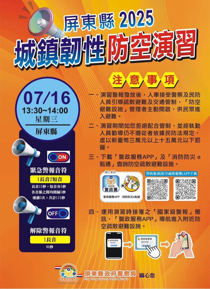 7/16南部地區（臺南市、高雄市、屏東縣）2025年城鎮韌性（防空）演習